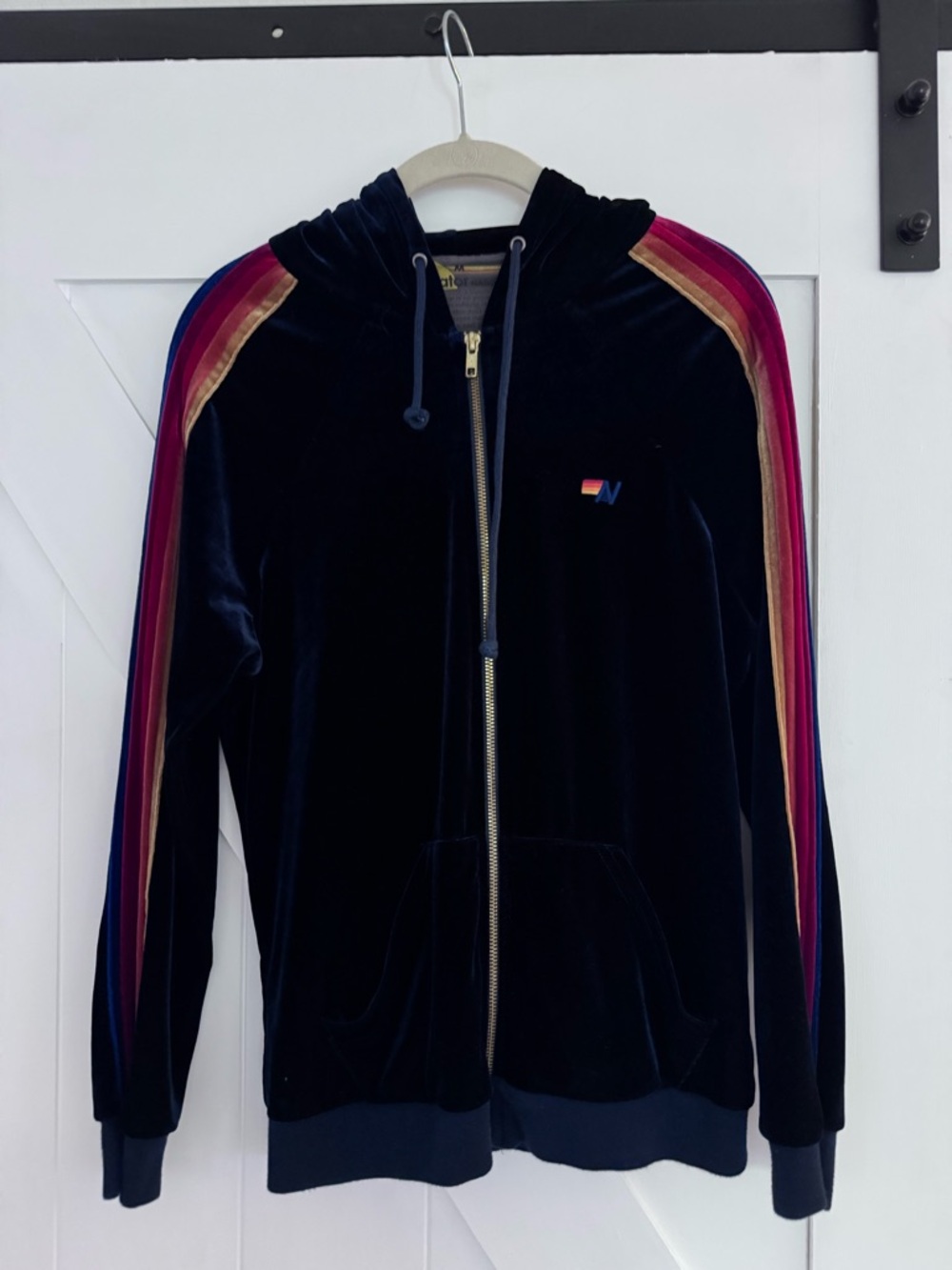 Aviator Nation Navy Velvet Zip Hoodie with Rainbow Stripe Sleeves